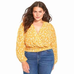 Lane Bryant - Long Sleeves Surplice Neck Shirred Waist Crop Blouse